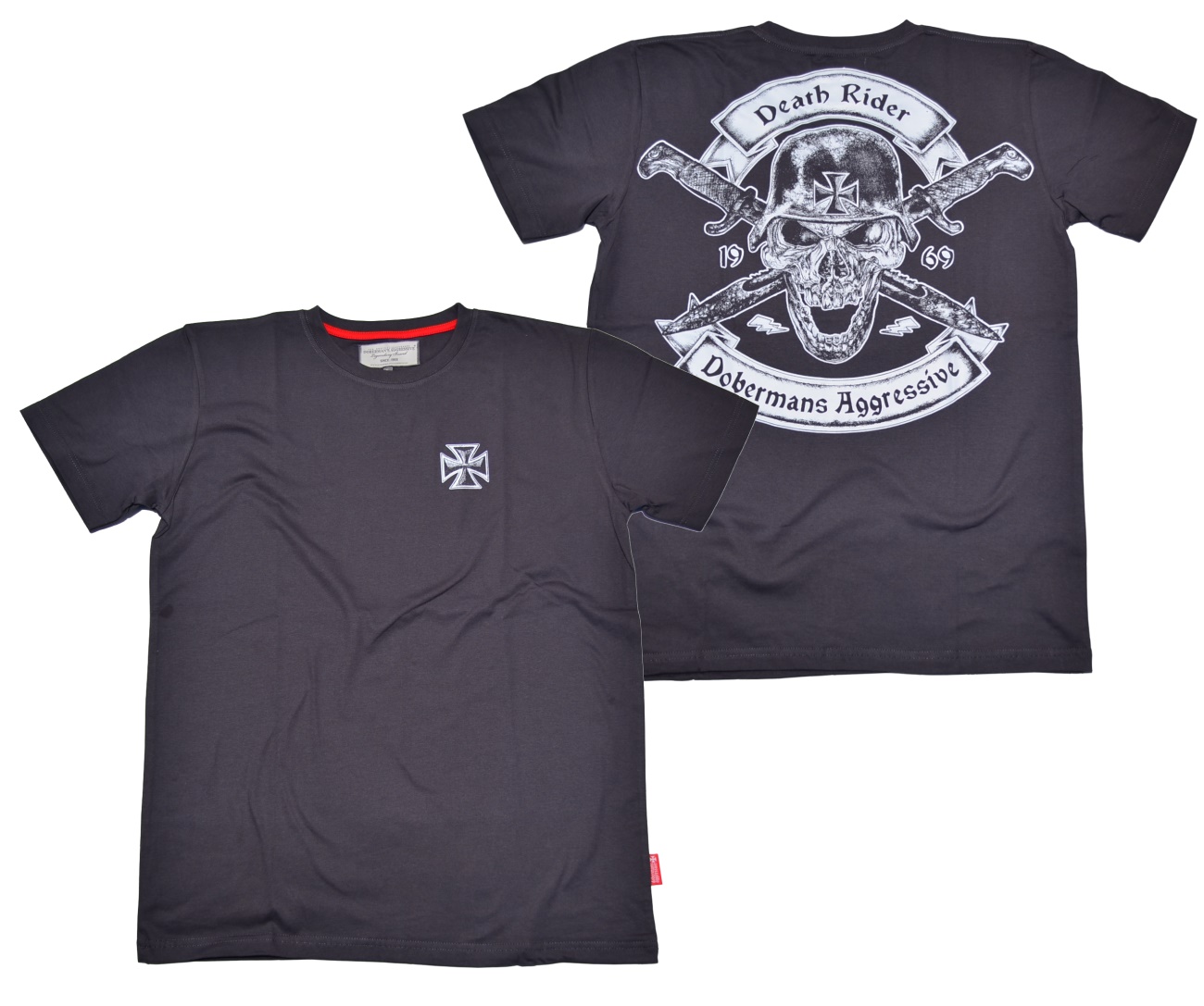 Dobermans Aggressive T-Shirt Death Rider Skullmotiv mit Messern