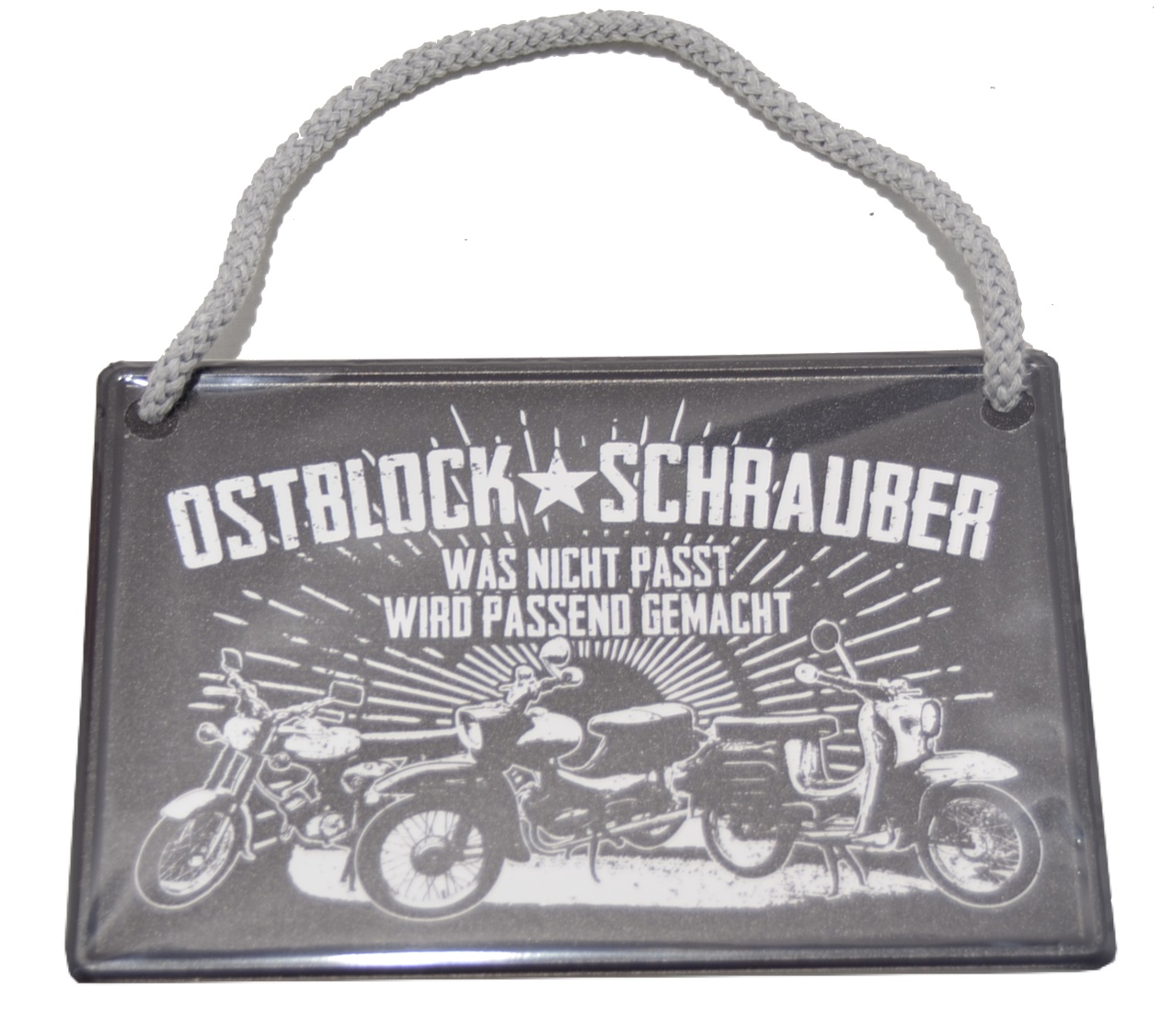 Kleines Aluminium Blechschild mit Kordel Ostblock Schrauber