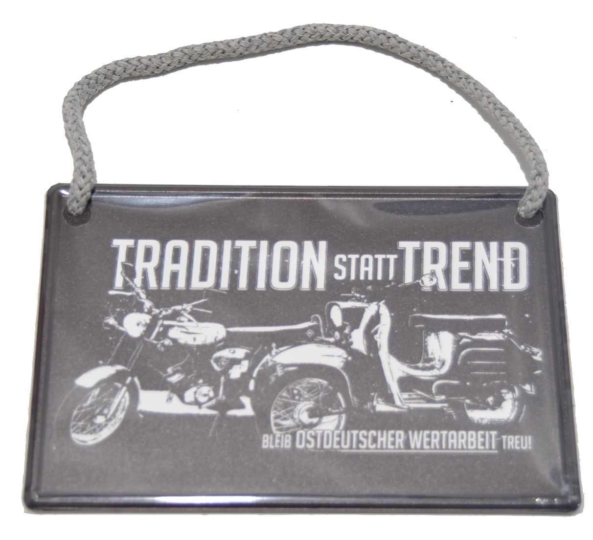 Kleines Aluminium Blechschild mit Kordel Tradition statt Trend Simson S51 und Schwalbe Motiv